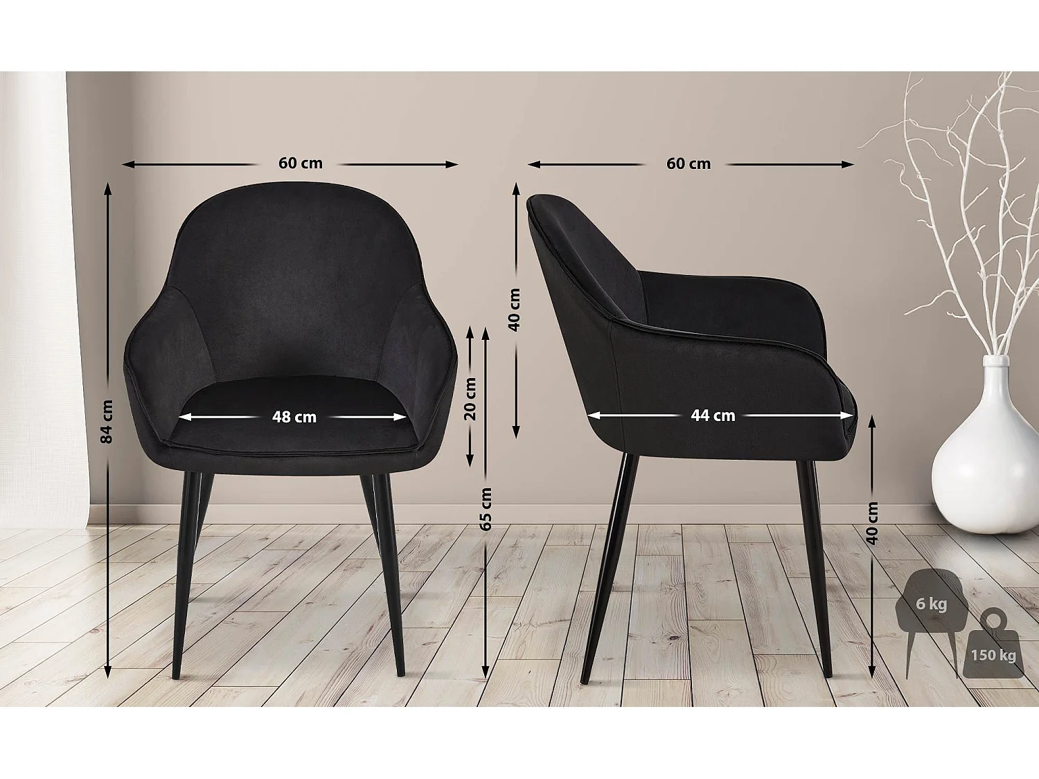Lot de 2  chaises avec accoudoirs - Velours - Noir - Boise