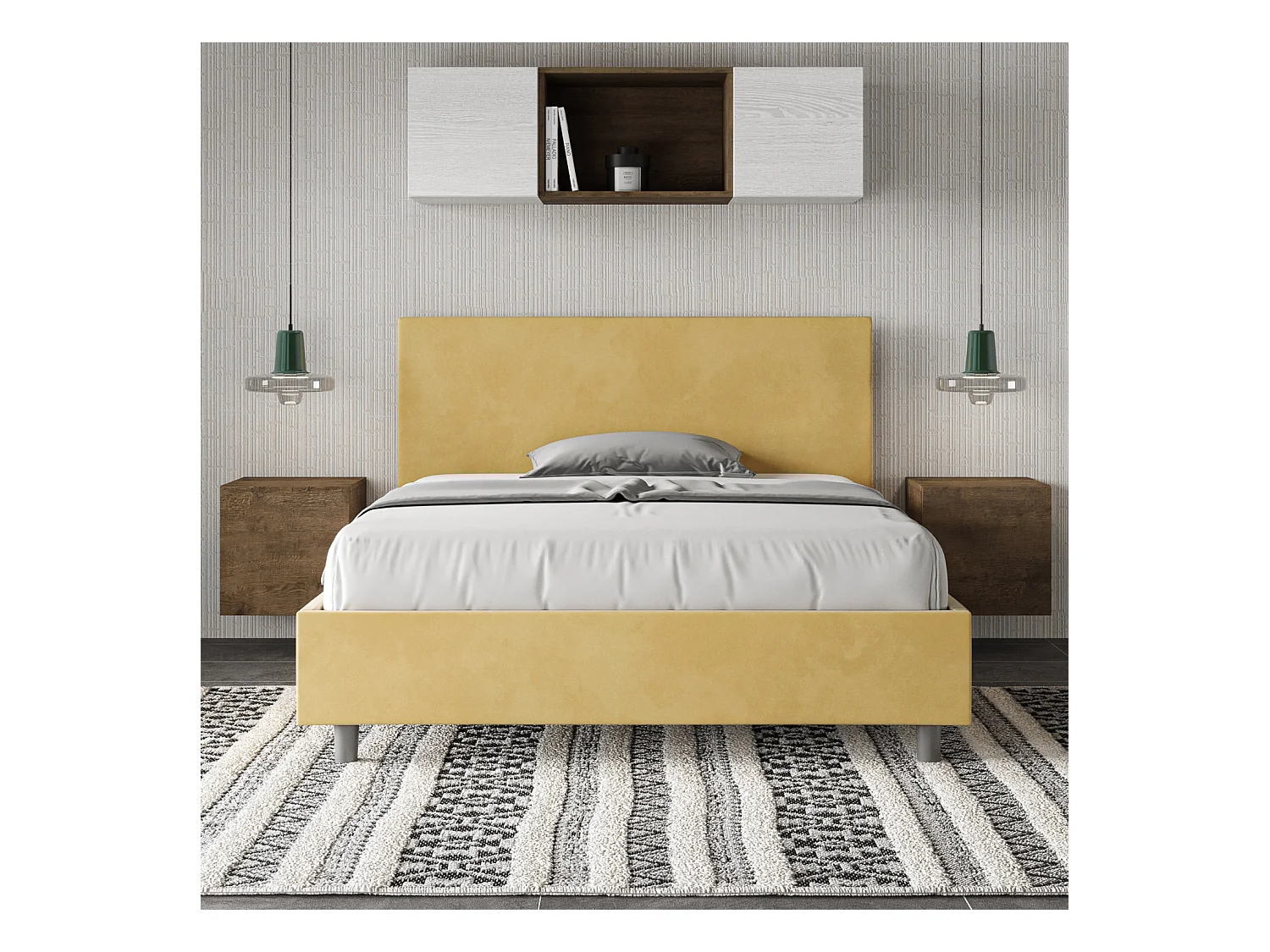 Cama doble con somier acolchada 140x190 microfibra ocre Adele