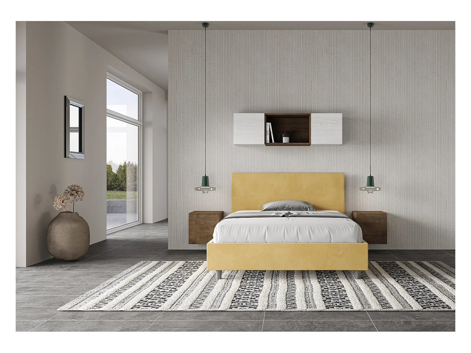 Cama doble con somier acolchada 140x190 microfibra ocre Adele