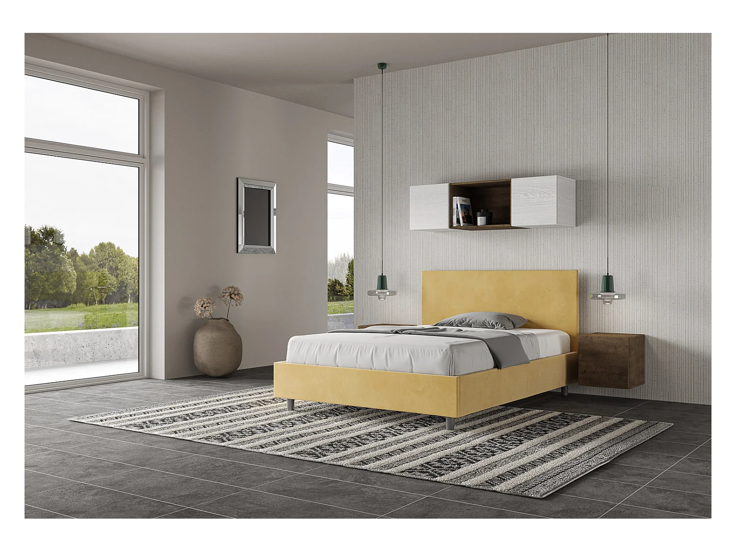 Cama doble con somier acolchada 140x190 microfibra ocre Adele