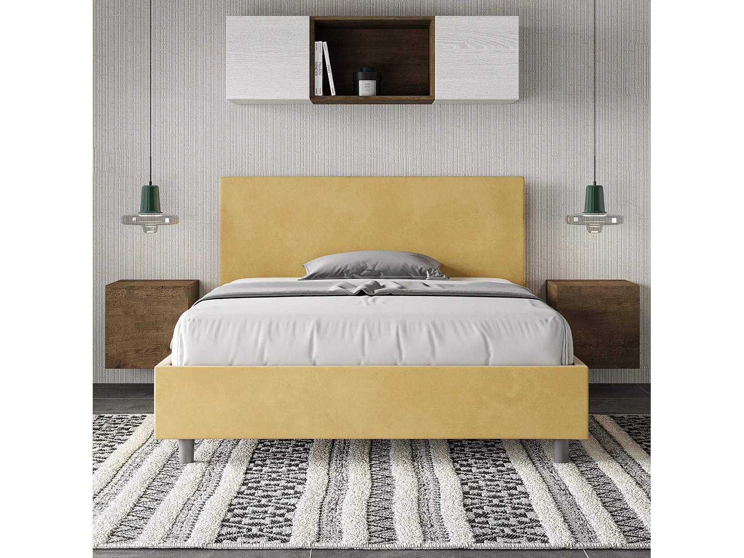 Cama de casal con estrado estofada 140x190 microfibra ocre Adele