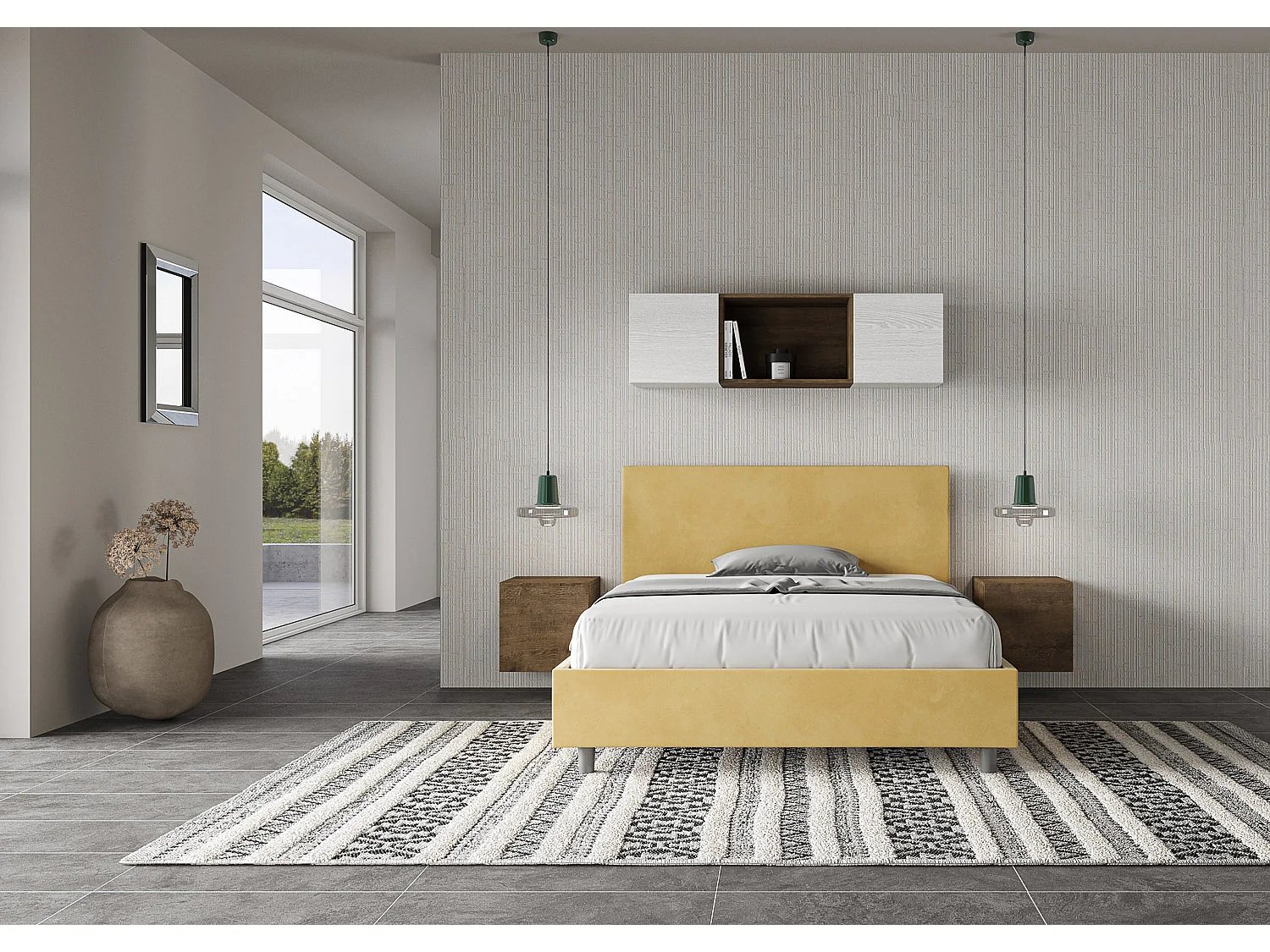 Cama de casal con estrado estofada 140x190 microfibra ocre Adele
