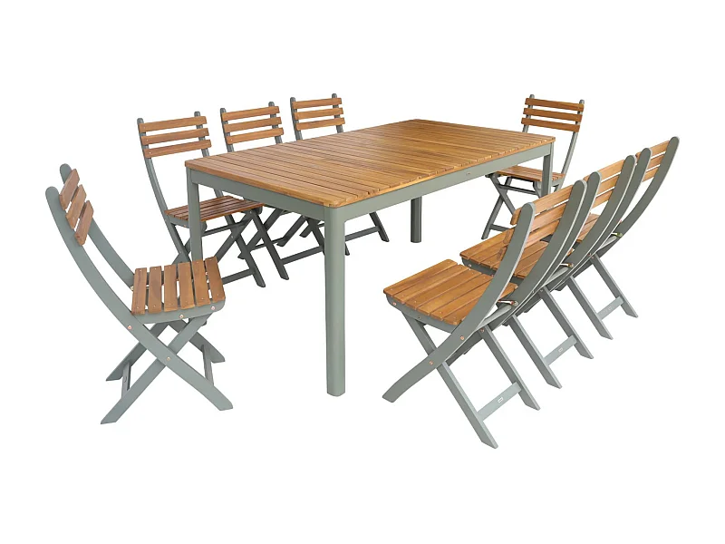 Mesa de jardín de acacia con esquinas redondeadas, 8 sillas verde kaki