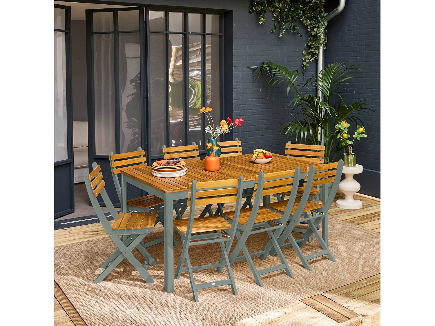 Mesa de jardín de acacia con esquinas redondeadas, 8 sillas verde kaki