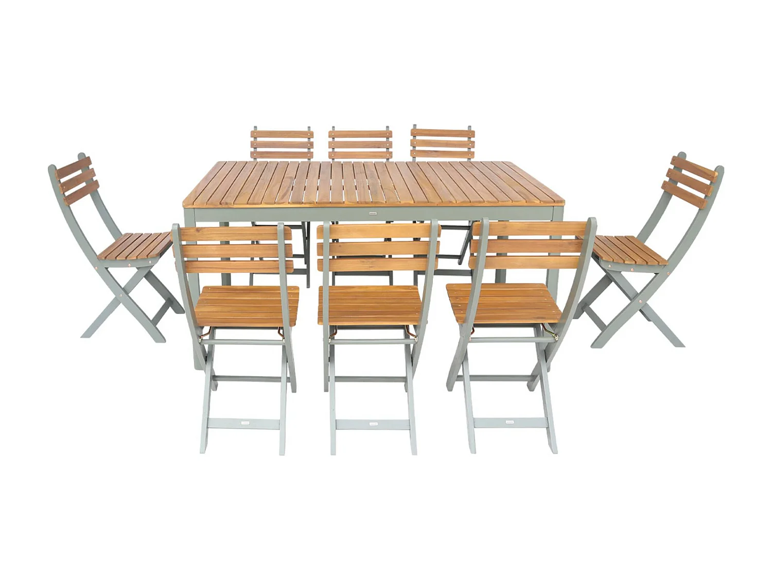 Mesa de jardín de acacia con esquinas redondeadas, 8 sillas verde kaki