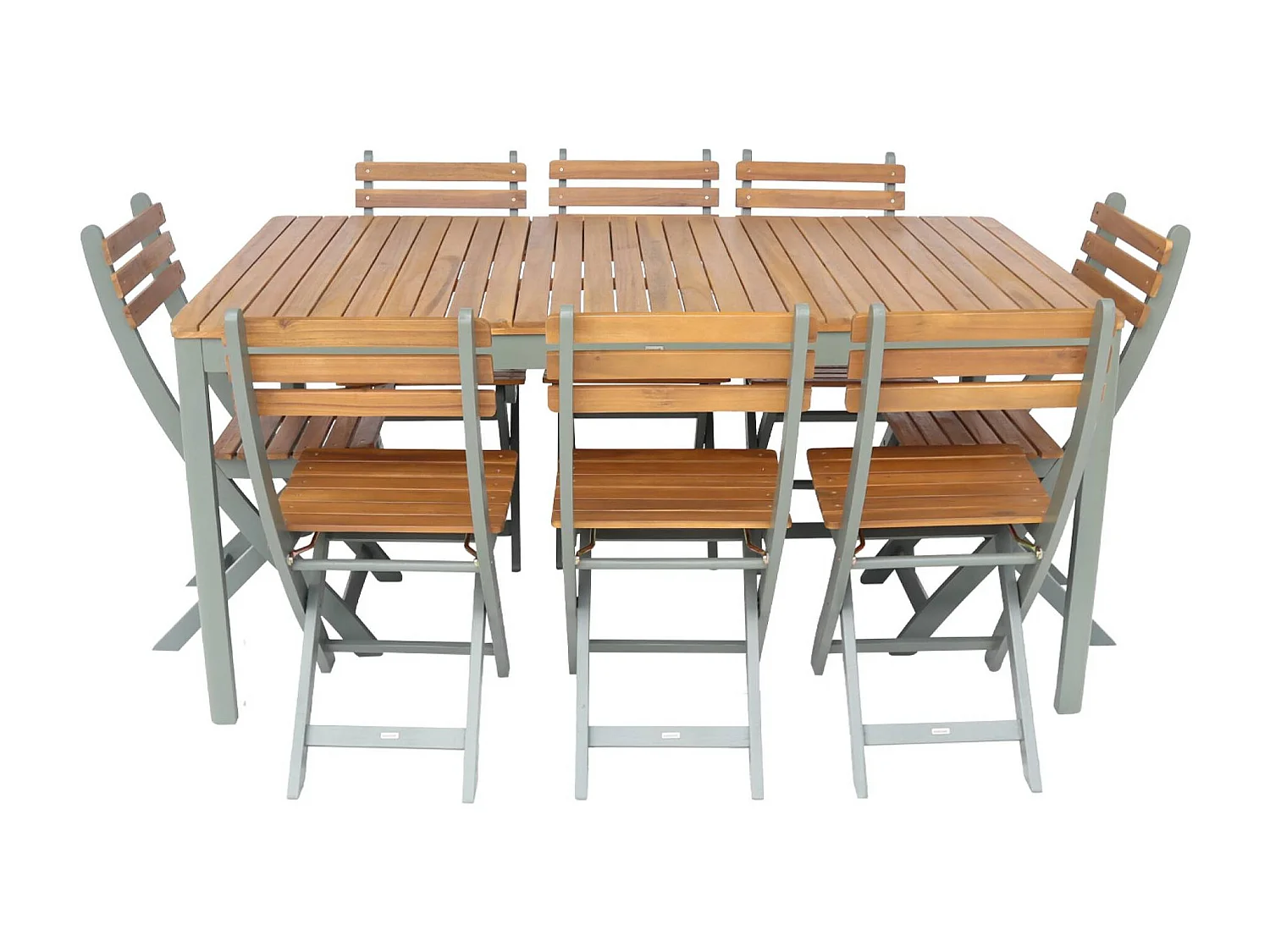 Mesa de jardín de acacia con esquinas redondeadas, 8 sillas verde kaki