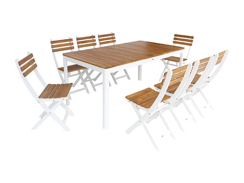 Table de jardin acacia avec coins arrondis + 8 assises blanc. 160 x 90 x 75 cm