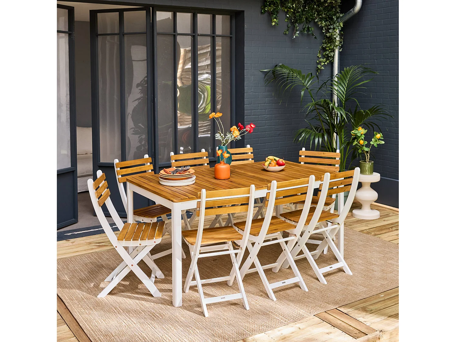 Tavolo da giardino in acacia con angoli arrotondati, 8 sedie, bianco