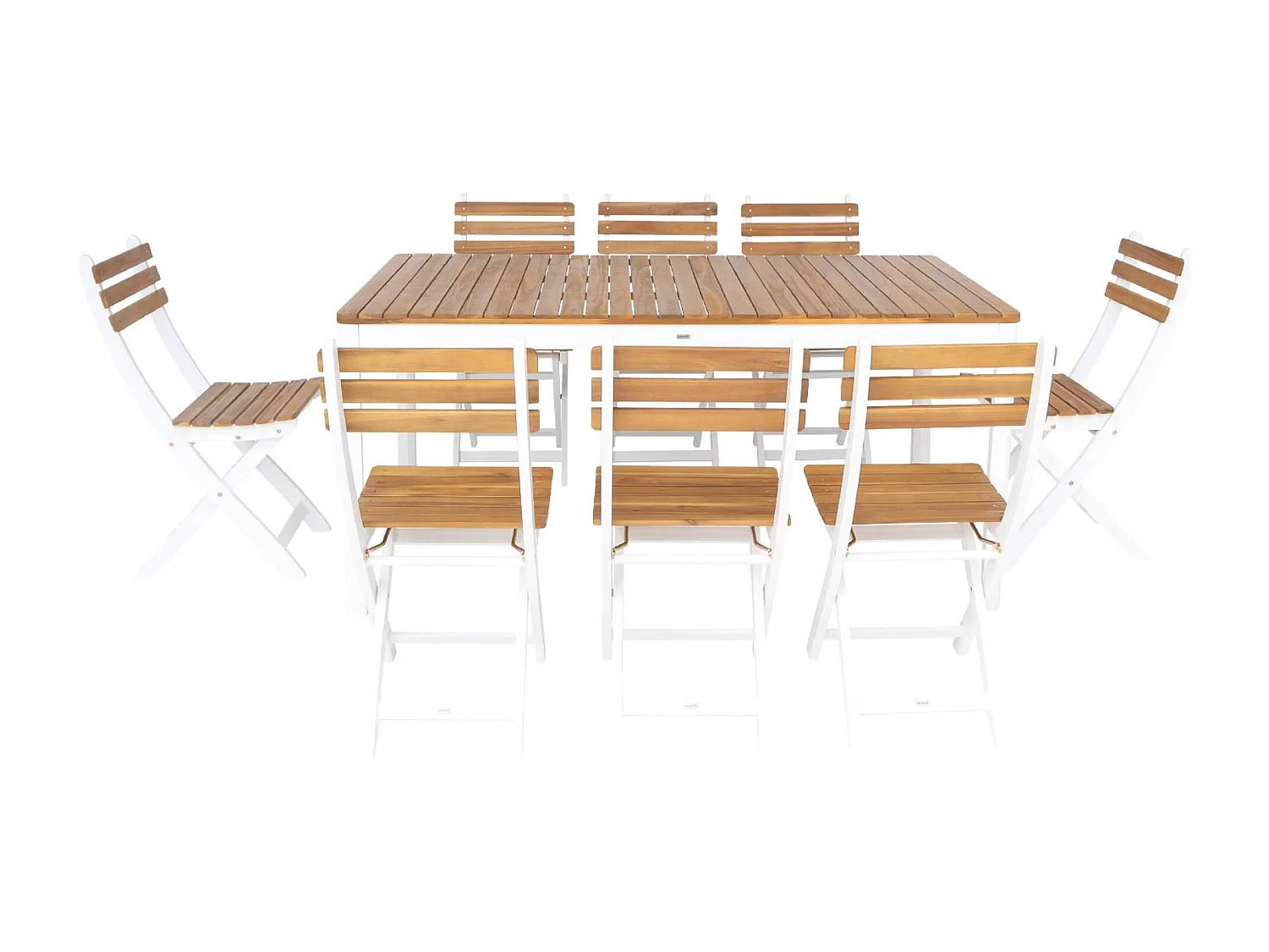 Tavolo da giardino in acacia con angoli arrotondati, 8 sedie, bianco