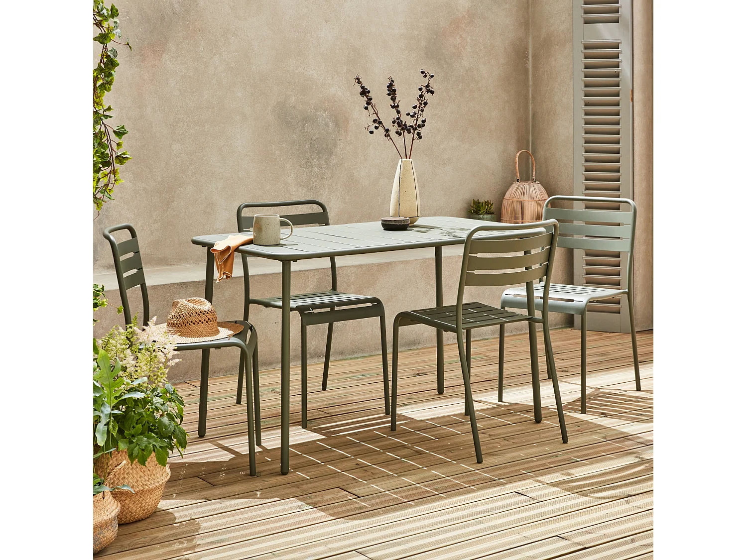 Tavolo da giardino in metallo, 4 sedie, verde kaki