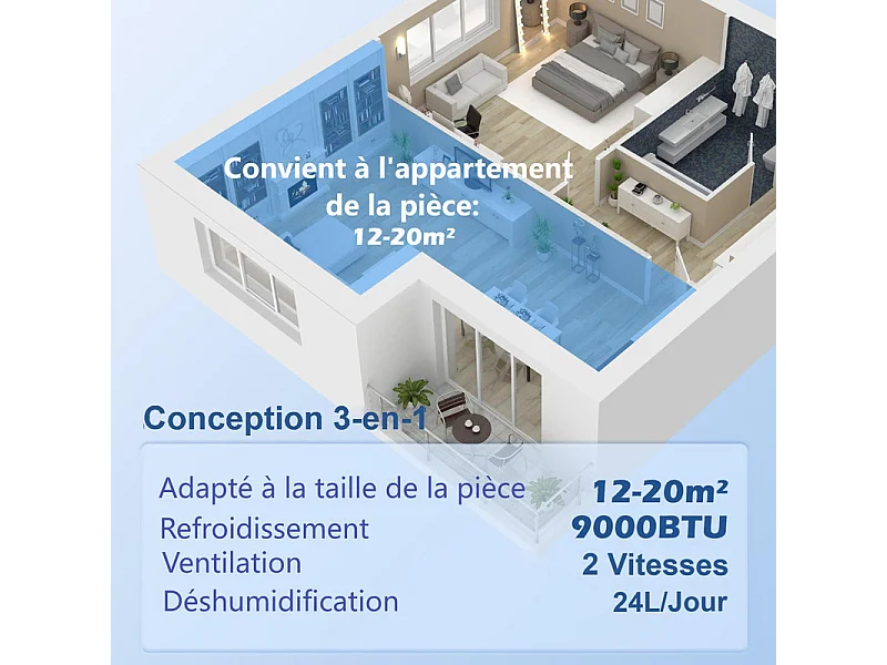 Ar Condicionado Portátil 3 EM 1, 9000BTU, com Temporizador, Display LED e Controle Remoto, Refrigeração, Ventilador, Desumidificador