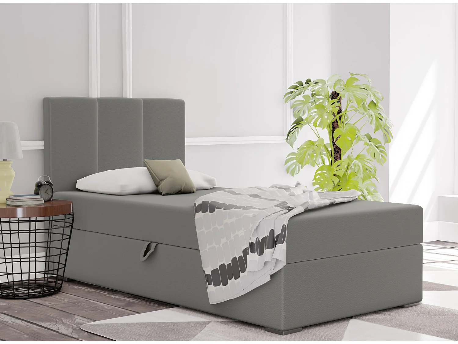LIT BOXSPRING avec coffre de rangement Monaco Mini Basic côté gauche, 100x200 cm, Soft 29 (Gris)