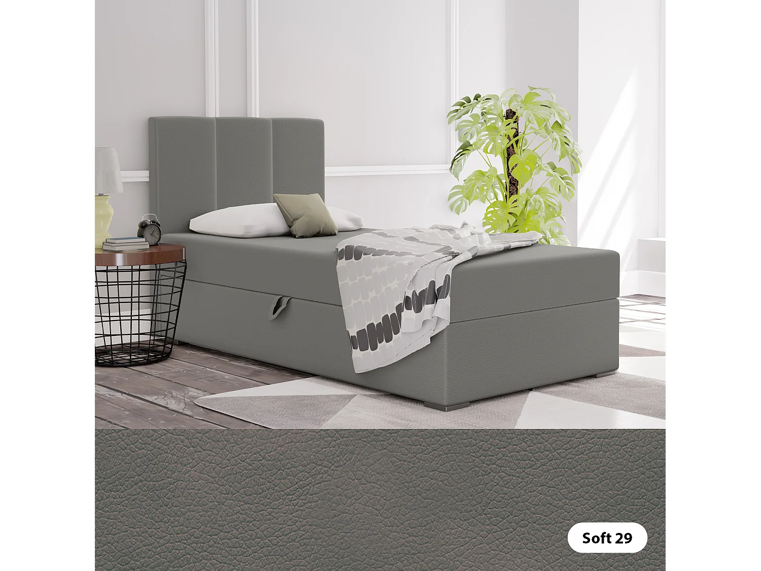 LIT BOXSPRING avec coffre de rangement Monaco Mini Basic côté gauche, 100x200 cm, Soft 29 (Gris)