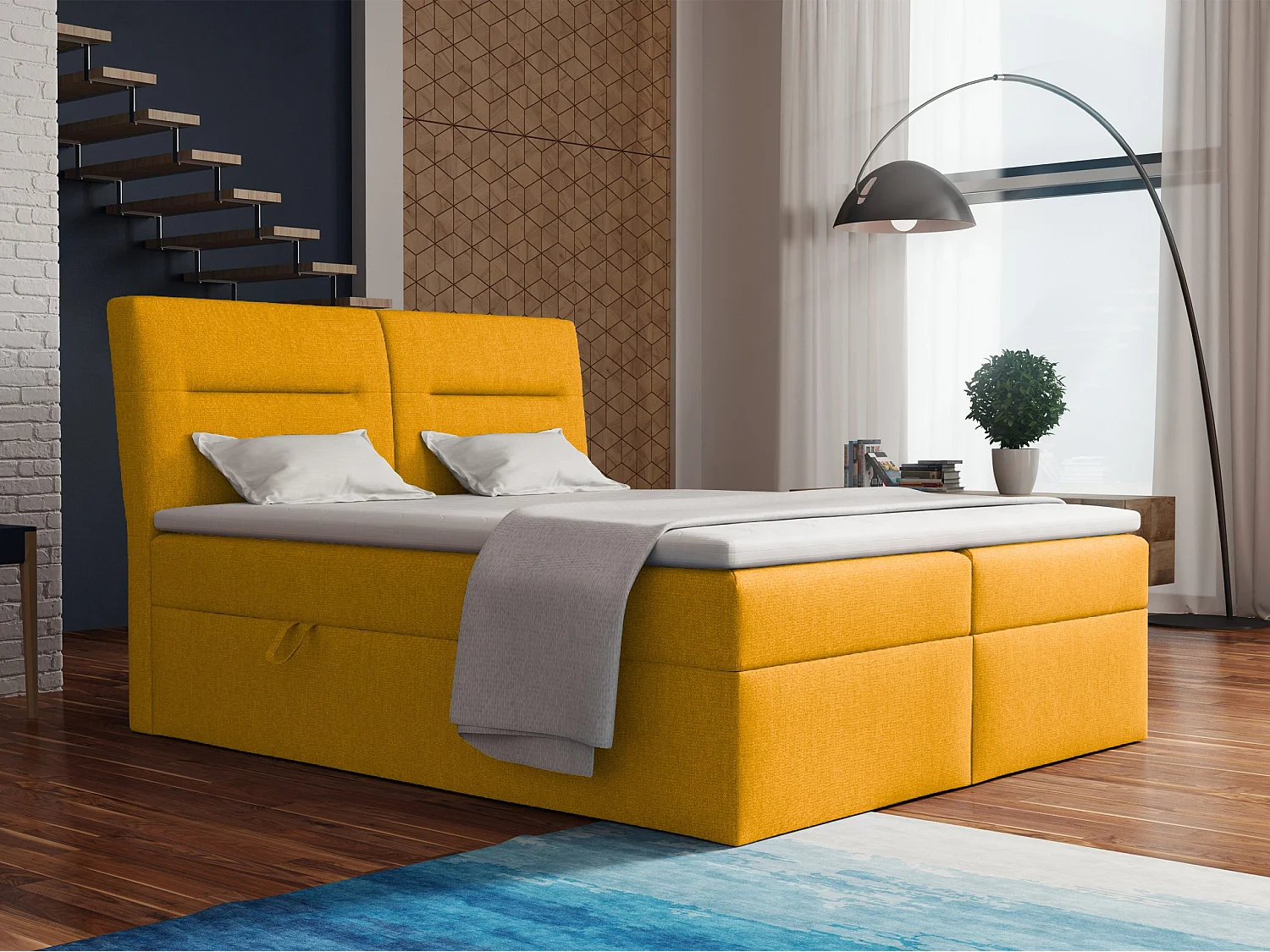 LE LIT BOXSPRING Moderno avec coffres de lit et surmatelas, en tissu Fancy 48 (jaune moutarde), 180x200 cm.