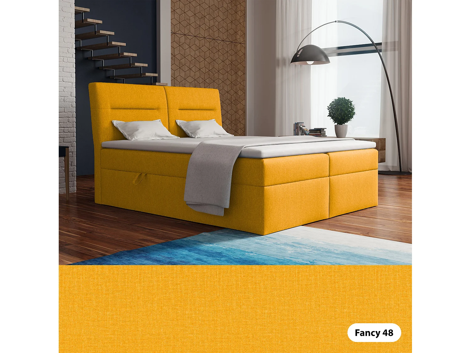 LE LIT BOXSPRING Moderno avec coffres de lit et surmatelas, en tissu Fancy 48 (jaune moutarde), 180x200 cm.