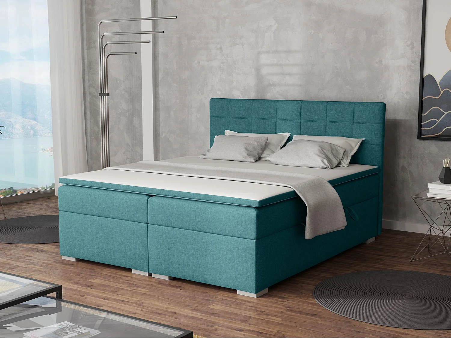 LIT BOXSPRING avec rangements pour la literie Torland, 200x200 cm, Jasmine 85 (Turquoise)