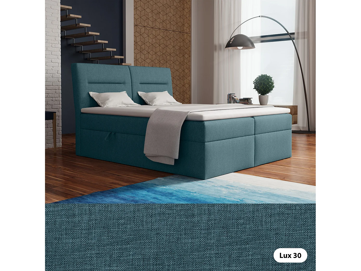 LE LIT BOXSPRING Moderno avec coffres de lit et surmatelas, en tissu Lux 30 (bleu-vert), 160x200 cm.