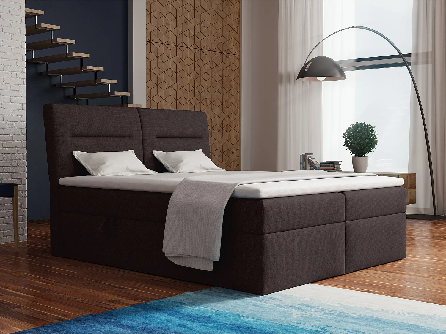 LE LIT BOXSPRING Moderno avec coffres de lit et surmatelas, en tissu Lux 13 (brun foncé), 200x200 cm.
