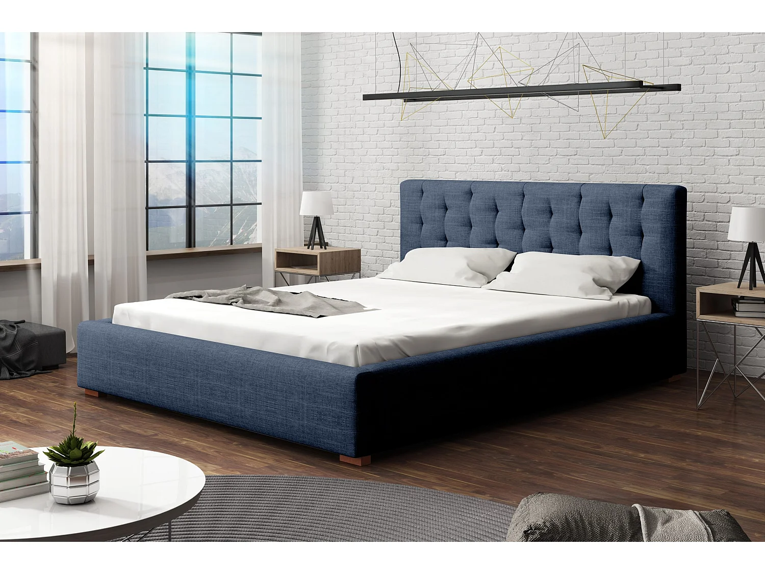 LIT TAPISSÉ avec coffre de rangement Alice avec matelas 160x200 cm, Sawana 80 (Bleu foncé)