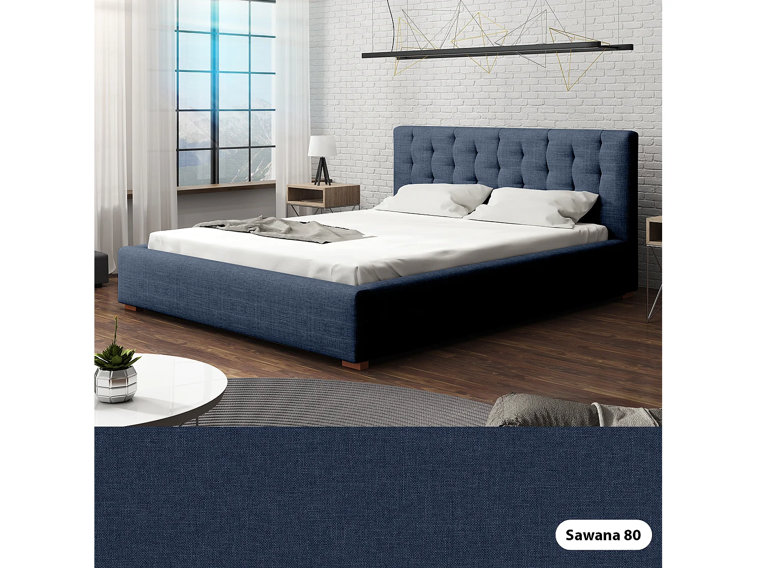 LIT TAPISSÉ avec coffre de rangement Alice avec matelas 160x200 cm, Sawana 80 (Bleu foncé)
