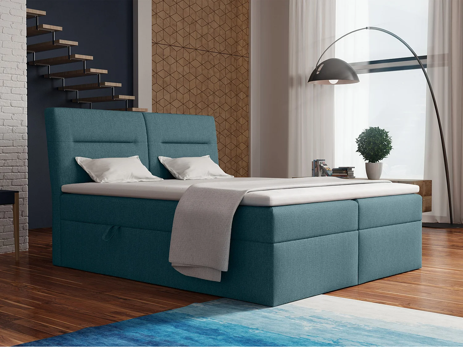 LE LIT BOXSPRING Moderno avec coffres de lit et surmatelas, en tissu Soro 86 (bleu-vert), 180x200 cm.