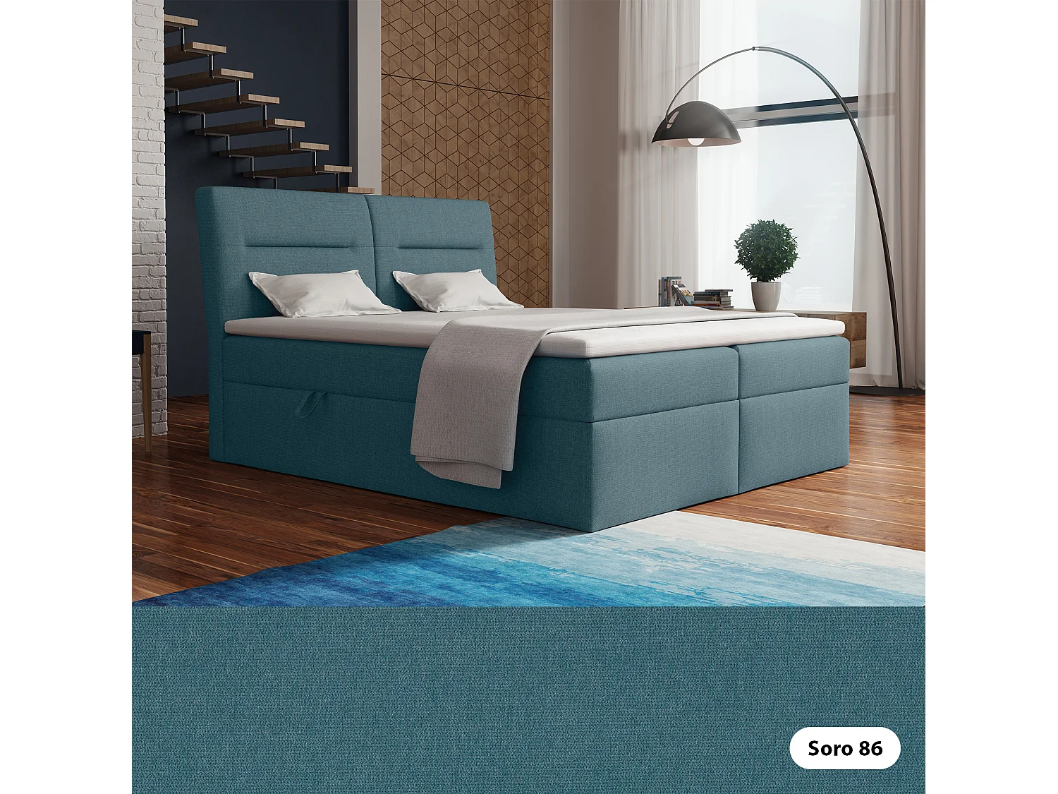 LE LIT BOXSPRING Moderno avec coffres de lit et surmatelas, en tissu Soro 86 (bleu-vert), 180x200 cm.
