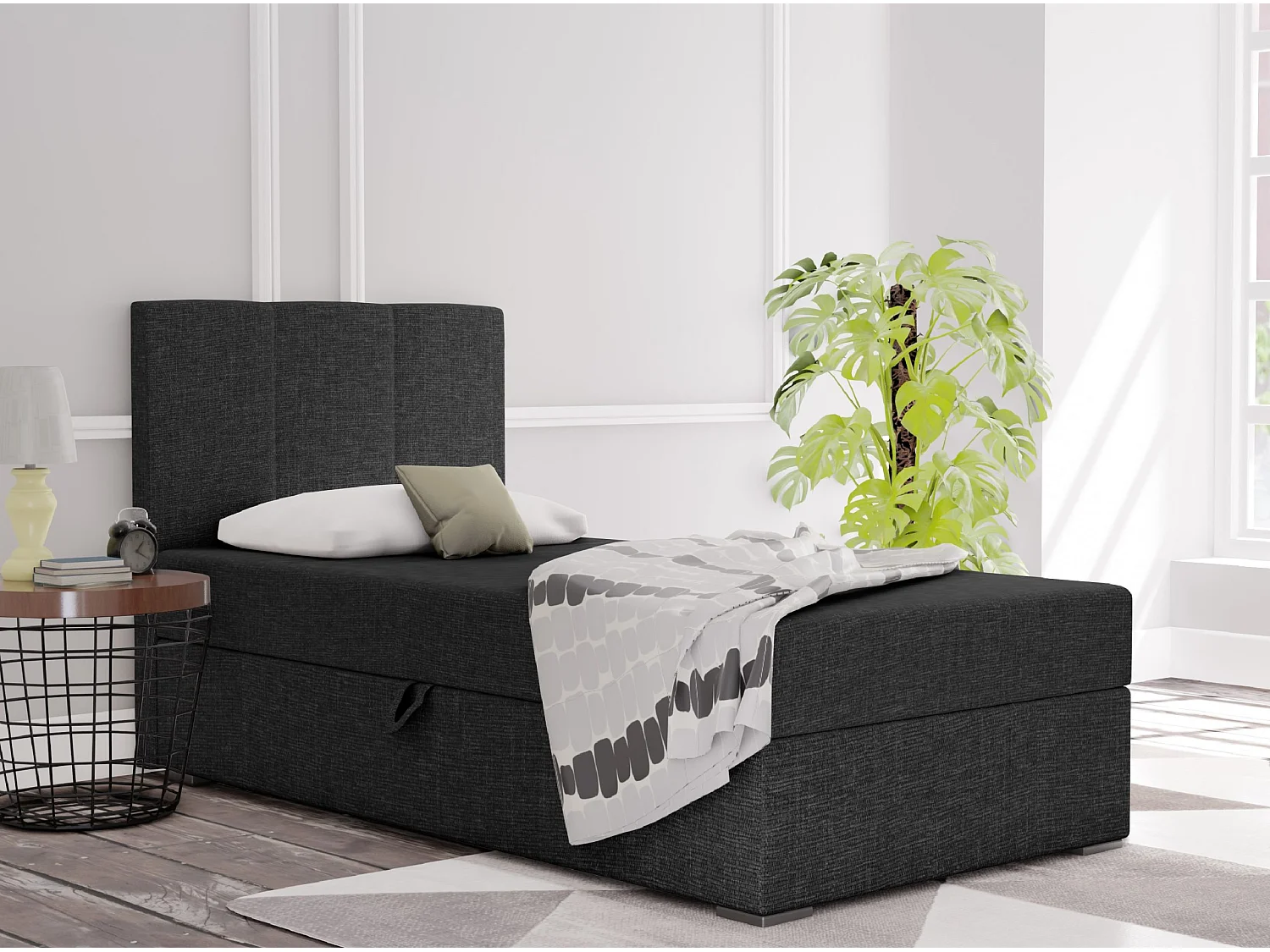 LIT BOXSPRING avec coffre de rangement Monaco Mini Basic côté gauche, 90x200 cm, Lux 23 (Noir)