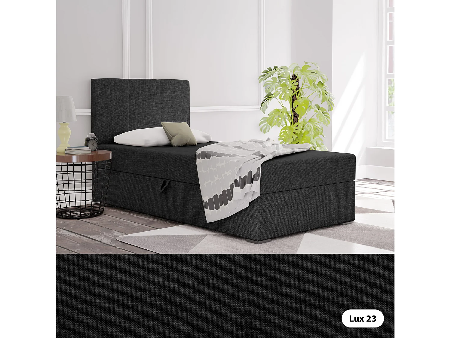 LIT BOXSPRING avec coffre de rangement Monaco Mini Basic côté gauche, 90x200 cm, Lux 23 (Noir)