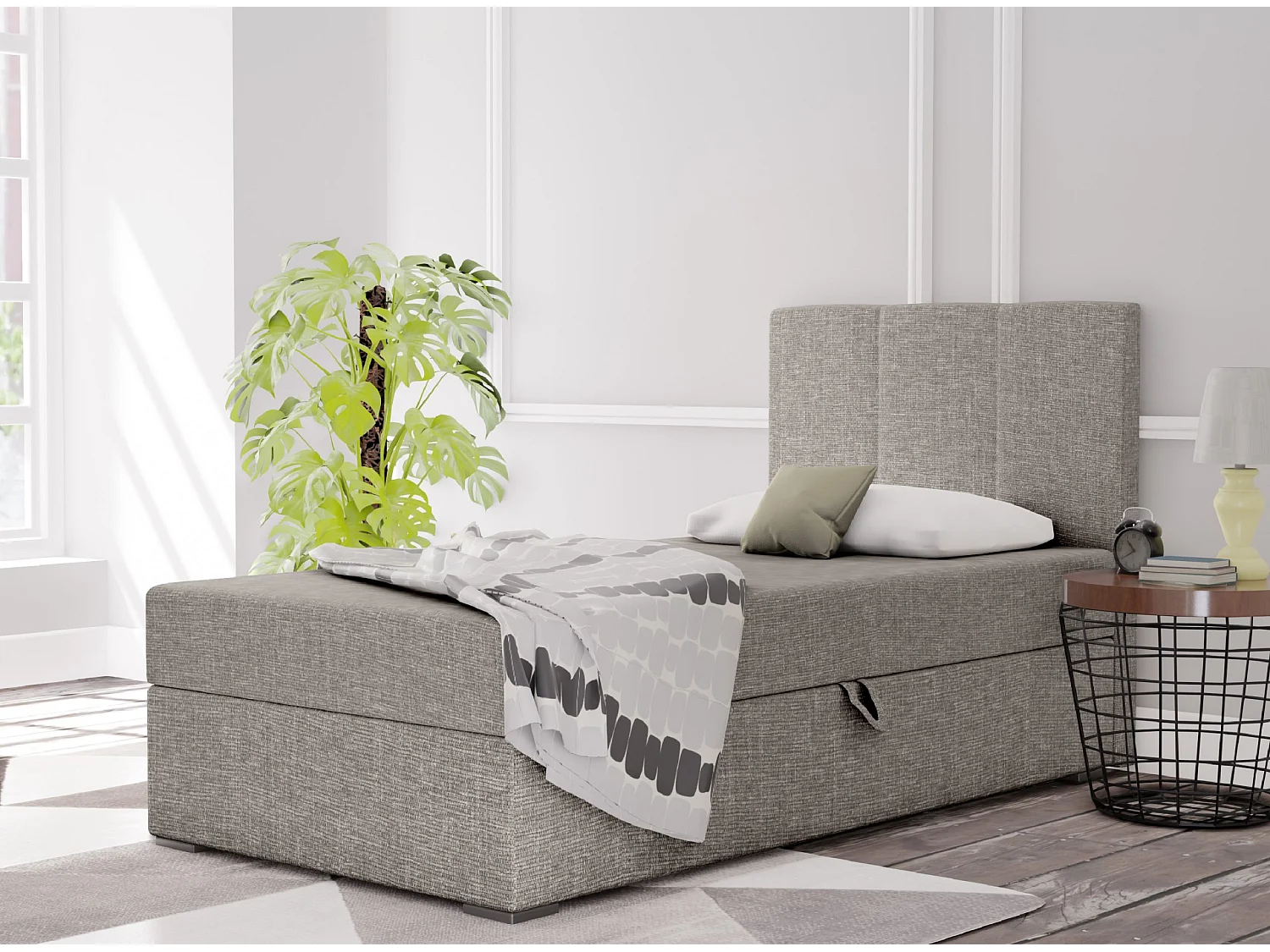 LIT BOXSPRING avec coffre de rangement Monaco Mini Basic côté droit, 100x200 cm, Lux 05 (Gris clair)
