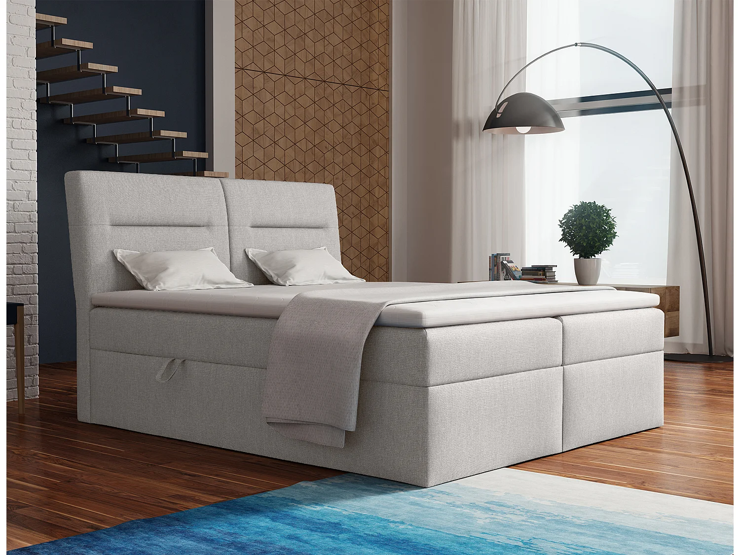 LE LIT BOXSPRING Moderno avec coffres de lit et surmatelas, en tissu Soro 83 (gris clair), 140x200 cm.