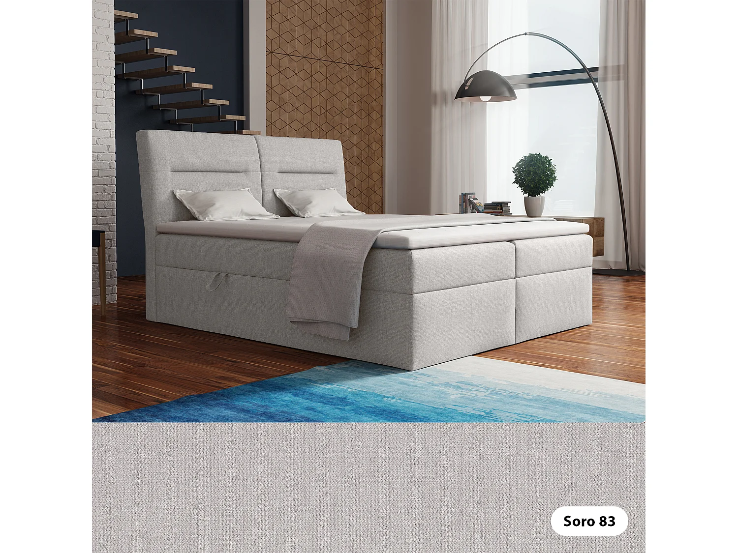 LE LIT BOXSPRING Moderno avec coffres de lit et surmatelas, en tissu Soro 83 (gris clair), 140x200 cm.
