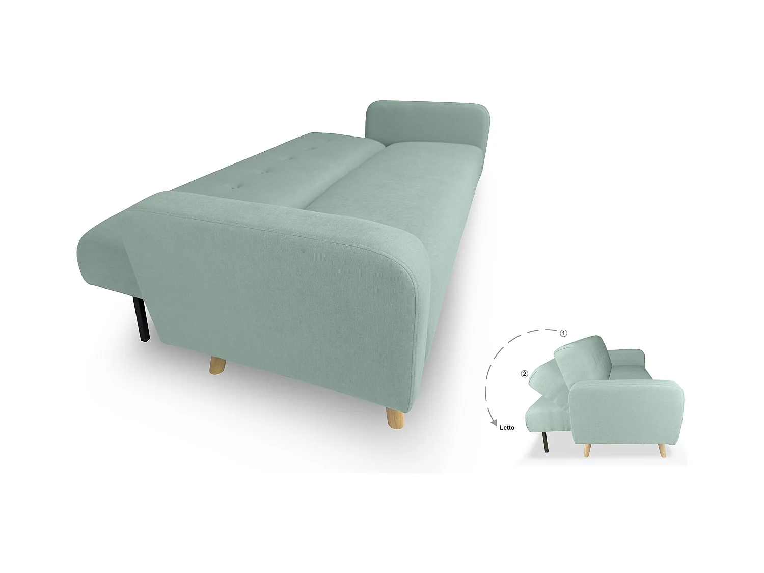 Divano letto clic clac in tessuto vellutato verde tiffany, divano 3 posti mod. Henry
