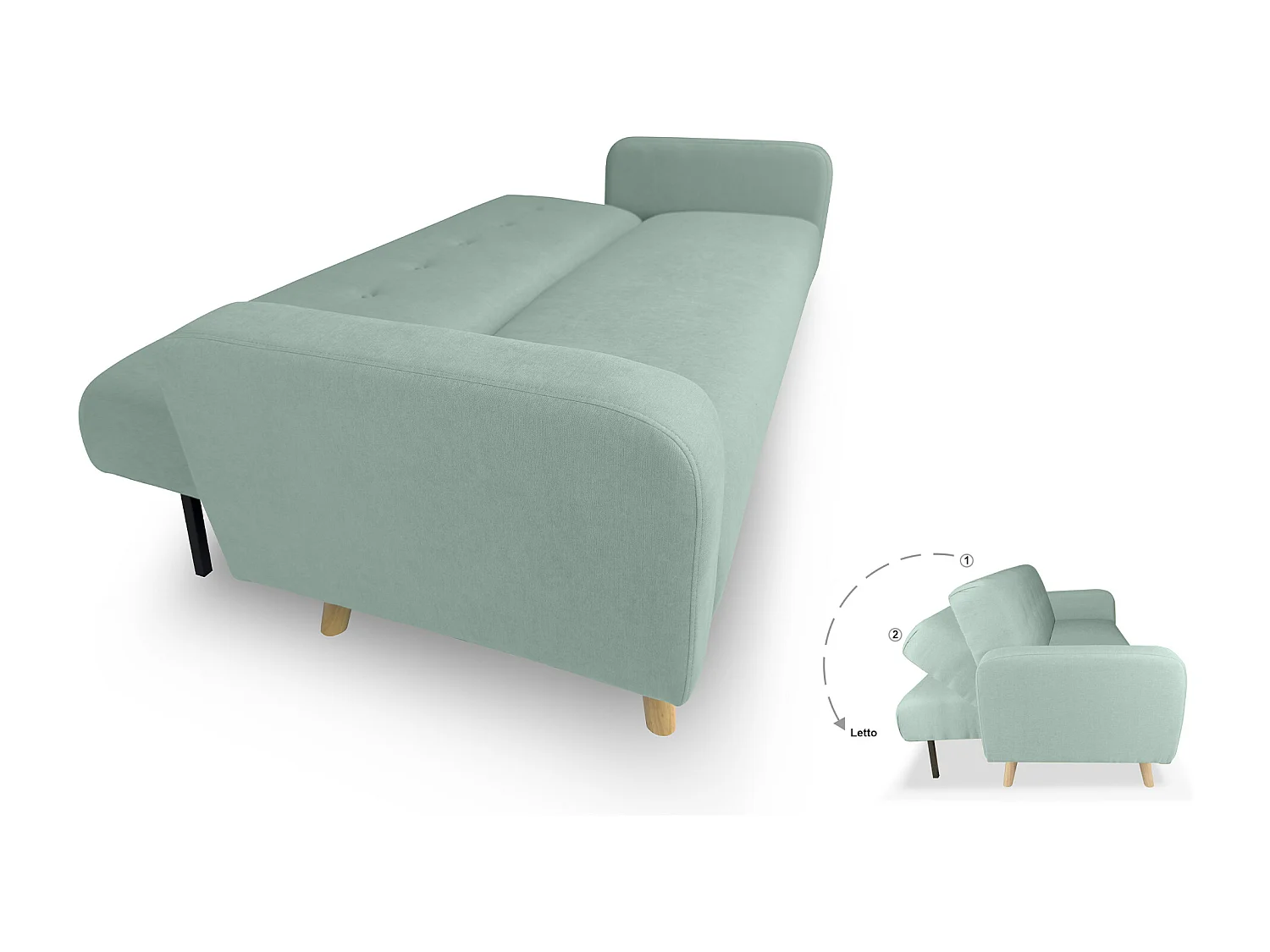 Divano letto clic clac in tessuto vellutato verde tiffany, divano 3 posti mod. Henry