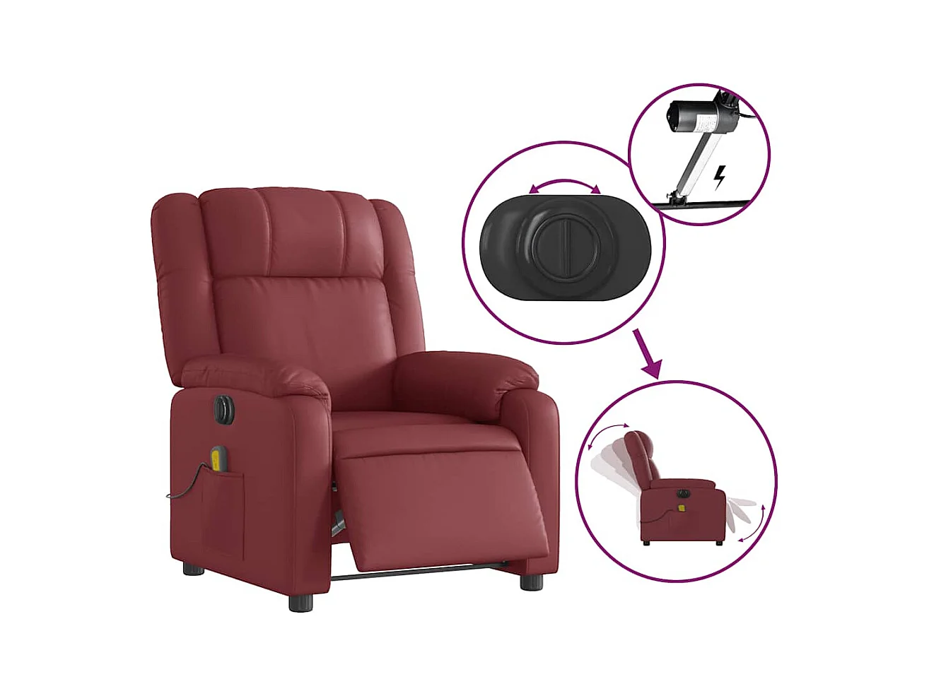 Fotel masujący elektryczny z funkcją wibracji i automatycznym pochyleniem w bordowym kolorze