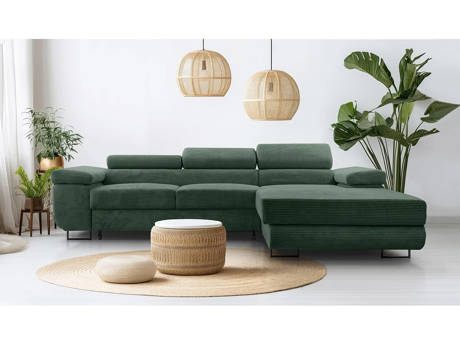 AX LIVING Canapé d’angle en velours côtelé Arborio 280 cm vert foncé D