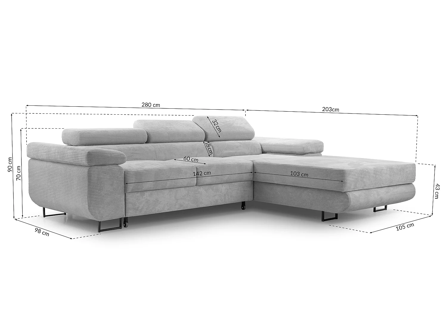 AX LIVING Canapé d’angle en velours côtelé Arborio 280 cm vert foncé D