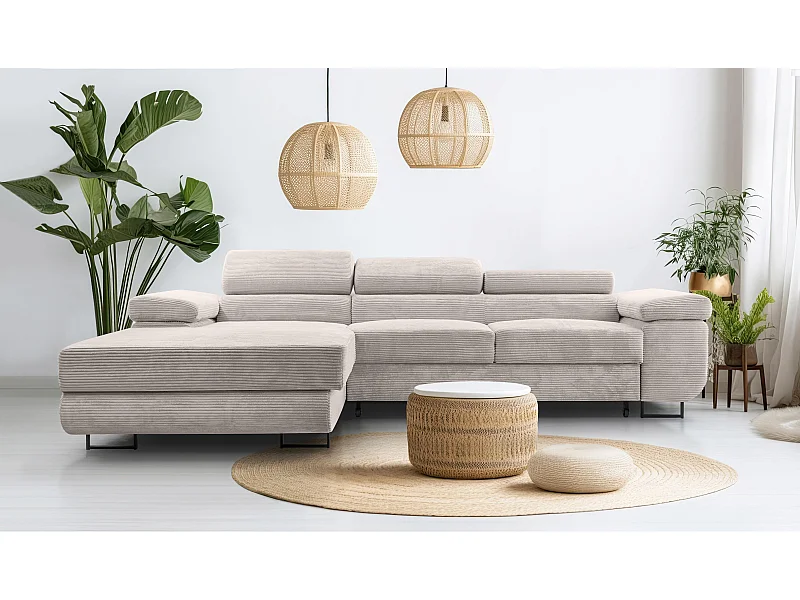 AX LIVING Canapé d’angle en velours côtelé Arborio 280 cm blanc doux G