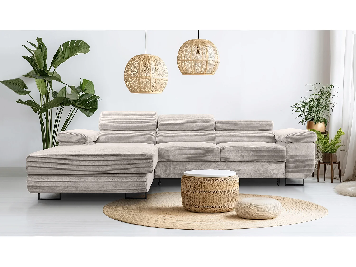 AX LIVING Canapé d’angle en velours côtelé Arborio 280 cm blanc doux G