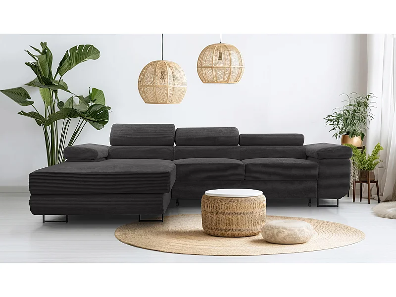 AX LIVING Canapé d’angle en velours côtelé Arborio 280 cm gris foncé G