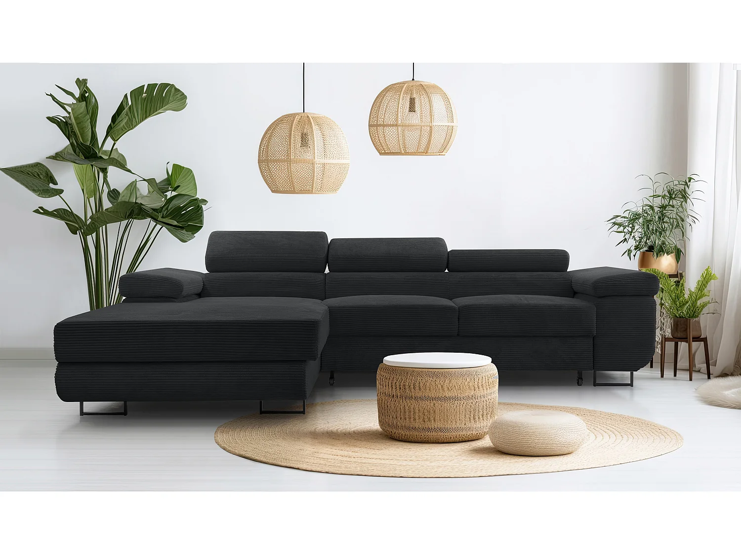 AX LIVING Canapé d’angle en velours côtelé Arborio 280 cm gris foncé G