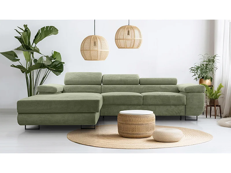 AX LIVING Canapé d’angle en velours côtelé Arborio 280 cm vert sauge G