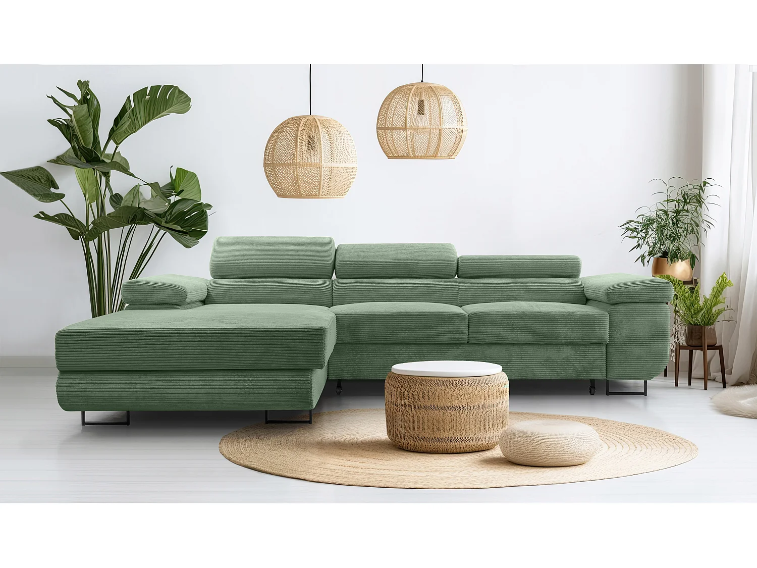 AX LIVING Canapé d’angle en velours côtelé Arborio 280 cm vert sauge G