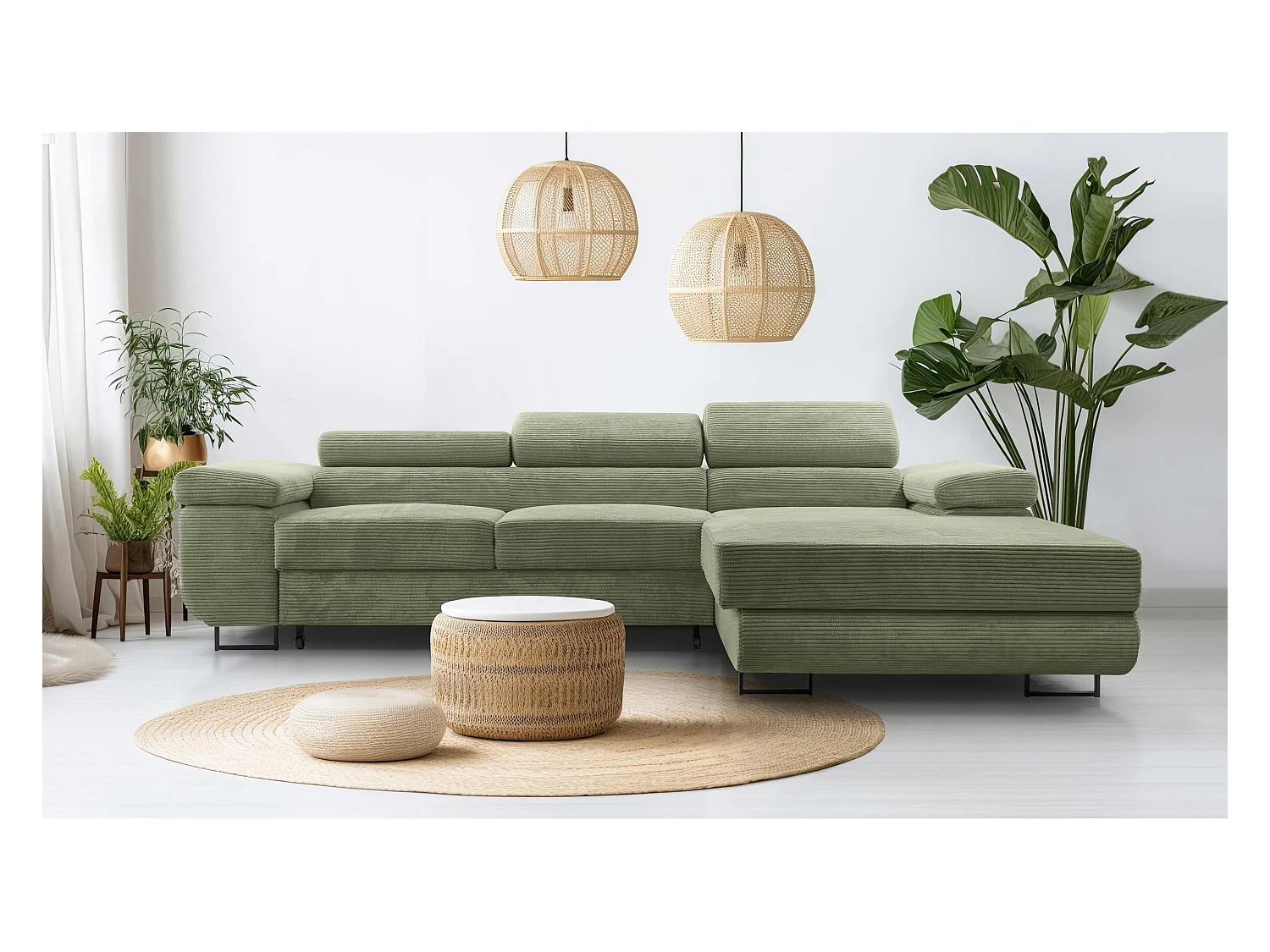 AX LIVING Salbeigrün Cord Couch L Form Arborio Wohnlandschaft 280cm R