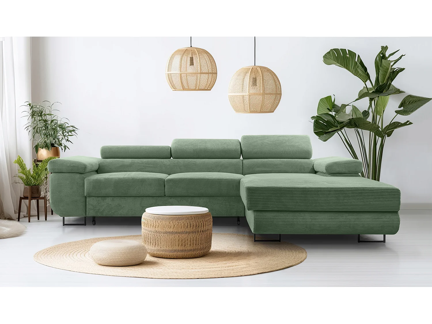 AX LIVING Canapé d’angle en velours côtelé Arborio 280 cm vert sauge D