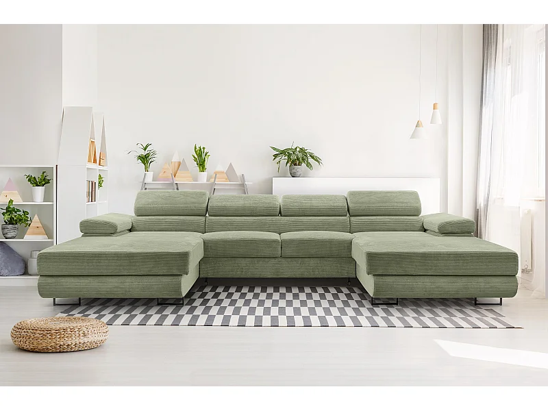 AX LIVING Canapé en U avec fonction lit – Arborio U 352 cm vert sauge