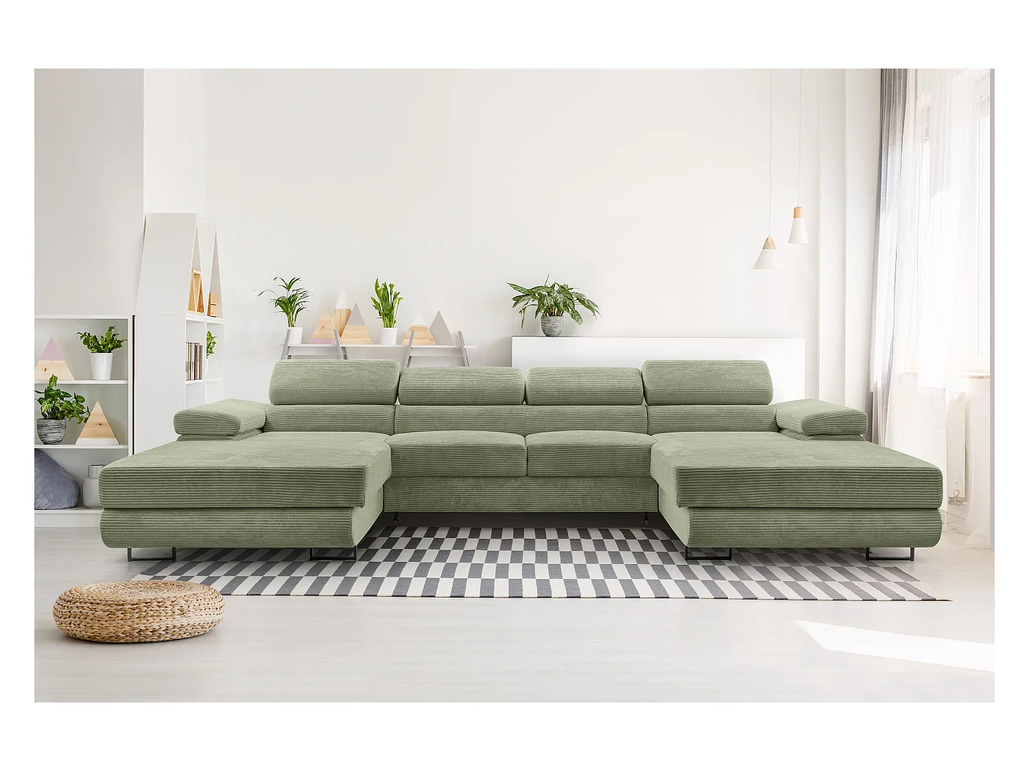 AX LIVING Arborio saliegroene hoekbank – 352 cm met slaapfunctie