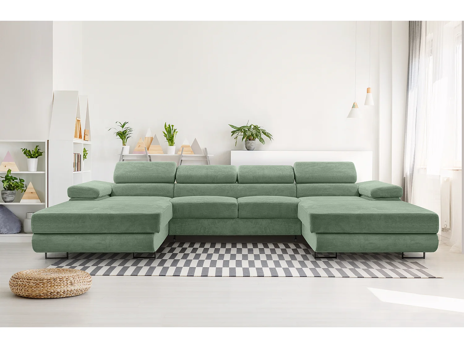 AX LIVING Arborio saliegroene hoekbank – 352 cm met slaapfunctie