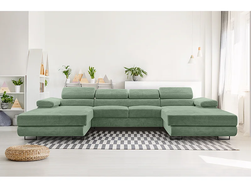 AX LIVING Canapé en U avec fonction lit – Arborio U 352 cm vert sauge