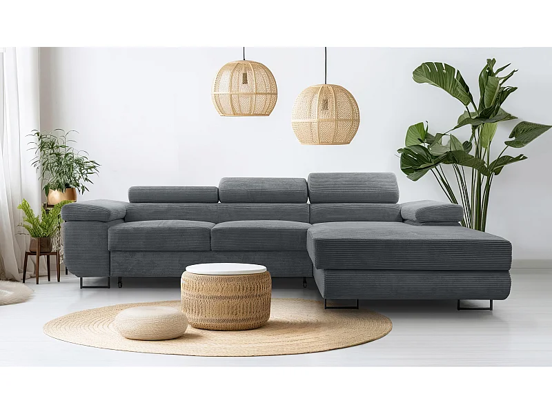 AX LIVING Canapé d’angle en velours côtelé Arborio 280 cm gris foncé D