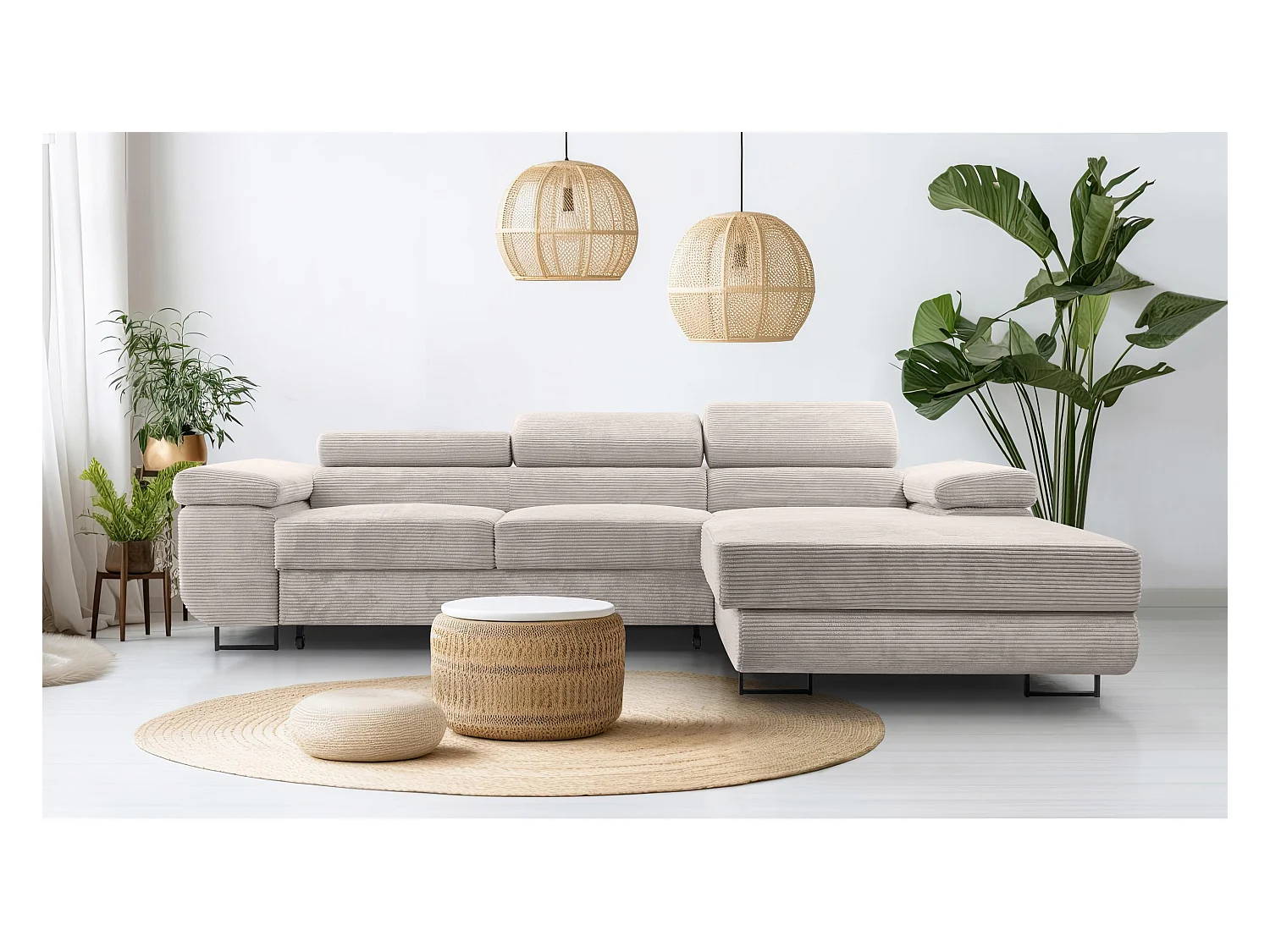 AX LIVING Cord Couch L Form – Arborio Wohnlandschaft 280 cm Zartweiß R